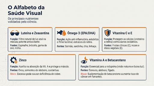 Explicação sobre as vitaminas e minerais essenciais para o olho