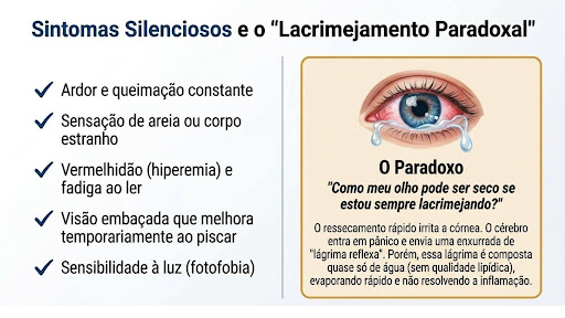 Imagem ilustrativa mostrando os sintomas silenciosos da síndrome de olho seco