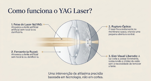 Demonstração do funcionamento do procedimento de limpeza da lente de catarata, conhecido como Yag Laser