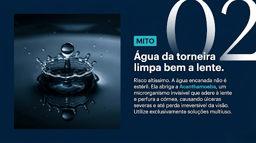 Imagem ilustrativa ensinando sobre o mito de que a &aacute;gua da torneira limpa bem a lente de contato
