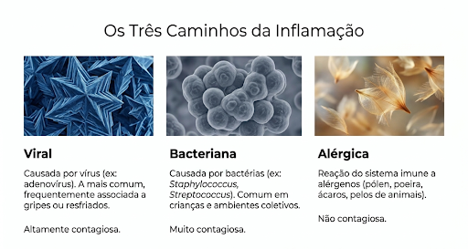Imagem mostrando os 3 tipos de conjuntivite