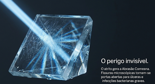 Mostrando e explicando oque o atrito da lente rasgada pode causar e a possível perda de visão por atrito da lente rasgada com o olho