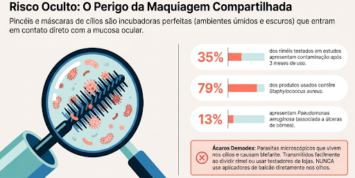 Imagem ilustrativa mostrando quais os perigos de contrair conjuntivite ao compartilhar a maquiagem ou usar a de outra pessoa
