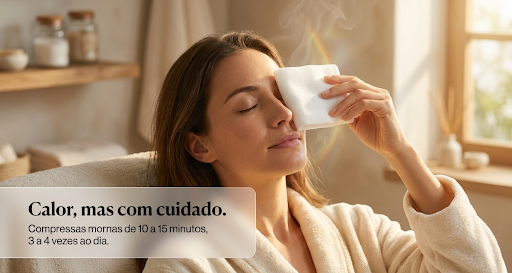 Demonstração em imagem de como deve realizar um pequeno tratamento com água morna em compressas para colocar no olho