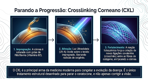 Explicação de como funciona o crosslinking corneano, a impregnação do crosslinking, a ativação e o fortalecimento da córnea
