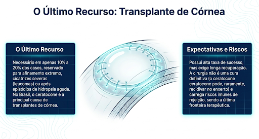 O transplante da córnea, explicado como ele pode não ser a primeira opção, mas sim o último recurso caso nenhum de outros procedimentos tenham funcionado mesmo quando bem aplicados.