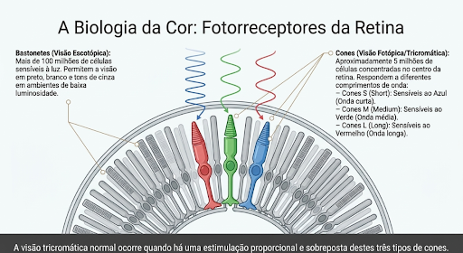 Ilustração de como os fotorreceptores da Retina recebem a cor e porque os daltônicos não conseguem enxergar do mesmo modo