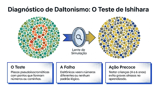 Como é realizado o exame de daltonismo, desde o teste, quais as falhas na visão e as ações que devem ser feitas para descobrir previamente