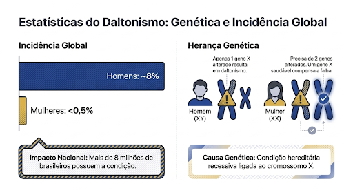 Imagem ilustrativa mostrando que o daltonismo é mais presente em homens do que mulheres, e que afeta mais de 8 milhões de brasileiros