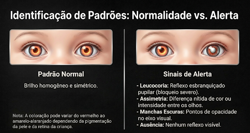 Imagem ilustrativa mostrando as identificações padrões no olho do bebê para sinalizar que os pais devem estar em alerta com as alterações visuais do bebê, onde pode ser necessário realizar o Teste do Olhinho